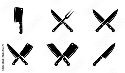 Vintage butcher knife icons set, professional chef cutlery silhouettes, black kitchen cleaver and carving fork vector collection for restaurant branding