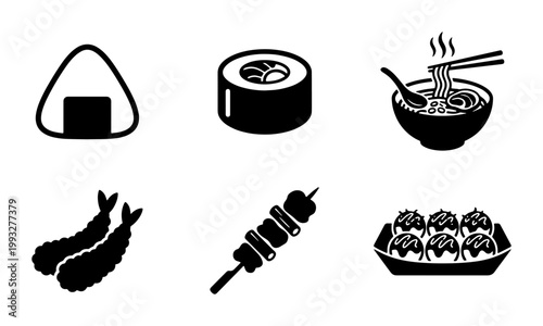 Japanese food icon set with 6 black vector elements, sushi and ramen bowl illustrations, onigiri and tempura graphics for restaurant menus