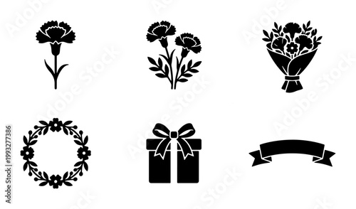 Carnation flower icon set, black silhouette floral bouquet and wreath vectors, 6 celebration elements including gift box and ribbon banner