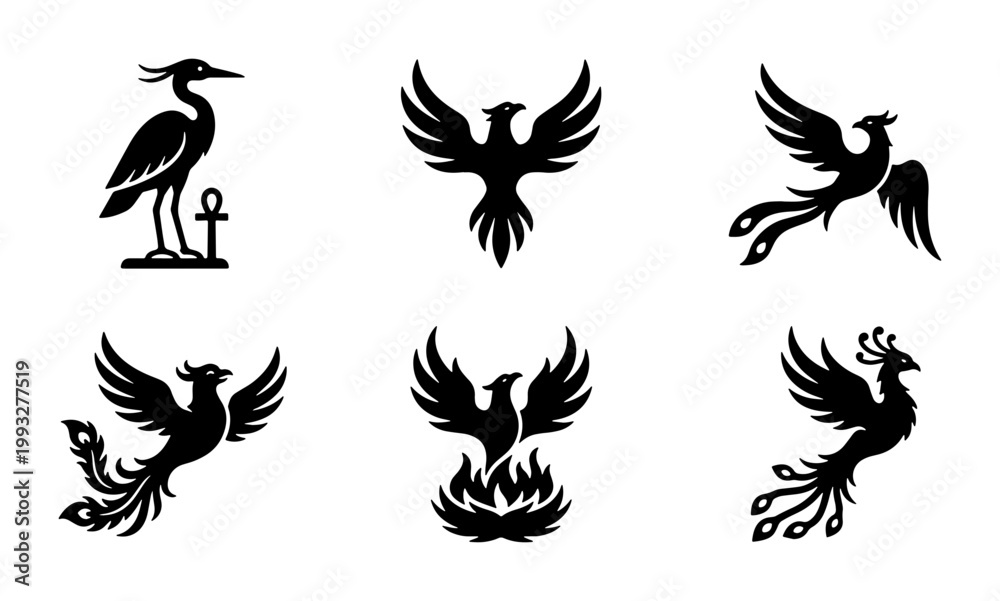 Fototapeta premium Mythical phoenix bird silhouettes set, 6 ancient egyptian and fantasy firebird icons, black heraldic eagle and heron vector graphics for logo design