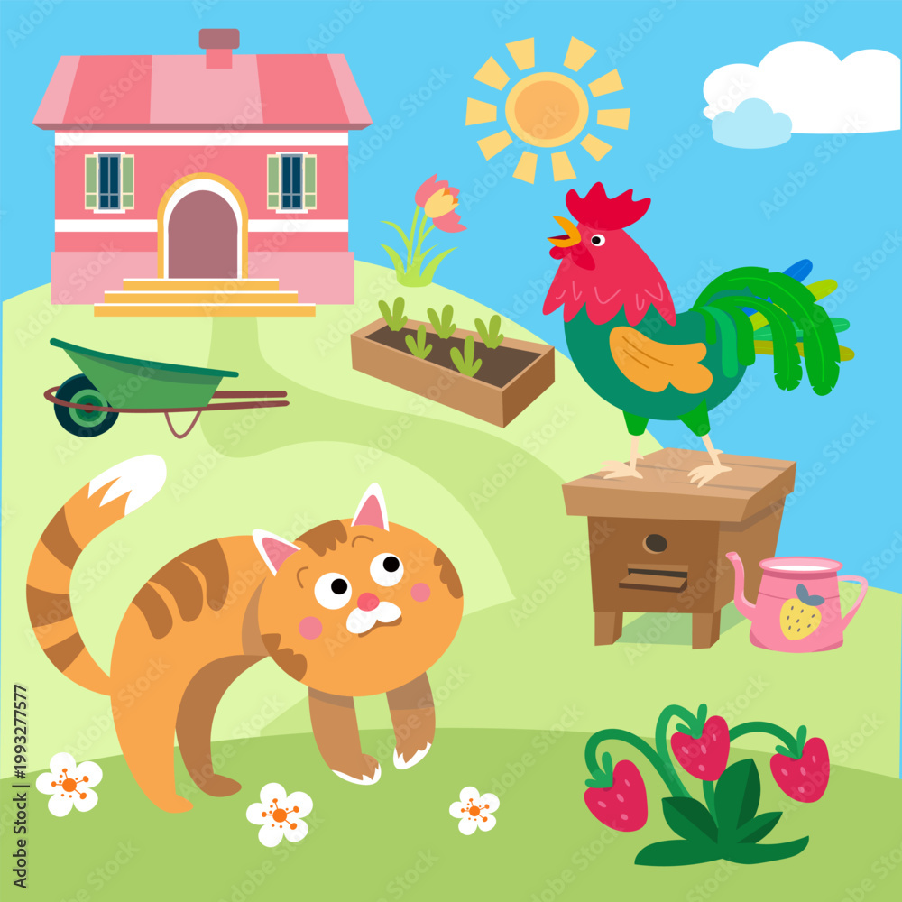 Fototapeta premium Kids vector illustration featuring cute cat and rooster in sunny farm garden. Colorful cartoon scene displays countryside house garden bed with sprouts and watering can creating cheerful atmosphere