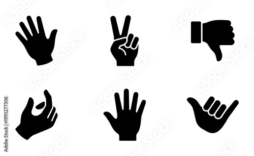 Minimalist hand gestures icon set, black silhouette human hand signs, collection of 6 vector hand symbols for communication and interface design