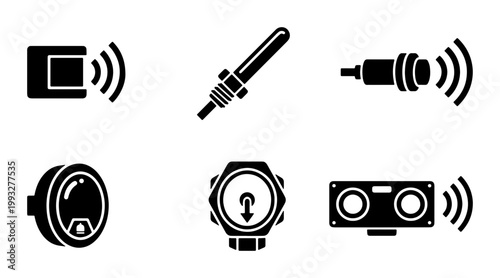 Industrial sensor icon set, black solid vector symbols for ultrasonic and proximity sensors, automation hardware components for engineering diagrams