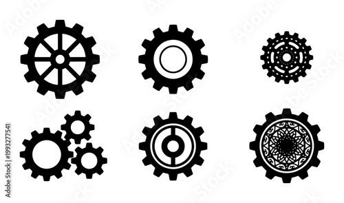 Industrial gear icons set, black mechanical cogwheel vector elements, technical machinery gear wheels, 6 engineering hardware symbols for manufacturing