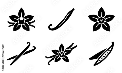 Vanilla flower and bean pod icons, black silhouette spice collection, 6 vector elements for food packaging and organic cosmetic branding