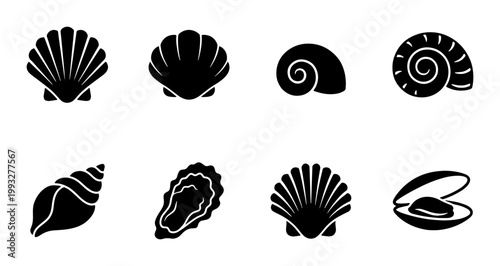 Seashell black silhouette icon set, 8 marine sea shell vector elements, minimalist ocean scallop and oyster symbols for beach branding