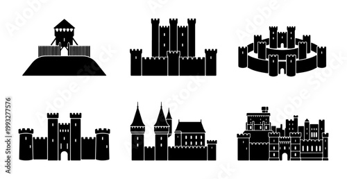 Medieval castle silhouette icons set, 6 black fortress vector elements, ancient stone citadel and palace architecture, historical fortification graphics