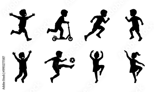 Active children silhouettes set, 8 vector icons of kids playing sports and running, black childhood activity symbols for playground and school design