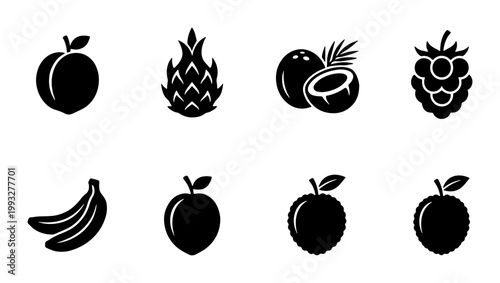 Minimalist tropical fruit icon set, black solid vector fruit illustrations, collection of 8 organic food symbols for grocery and menu design