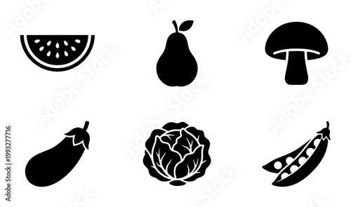 Minimalist black fruit and vegetable icons set, 6 flat vector food symbols, organic produce silhouettes for grocery apps and healthy eating menus