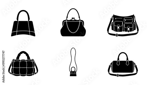 Fashion handbag icon set, black silhouette women bags collection, 6 vector purse and luggage elements, stylish female accessories for retail