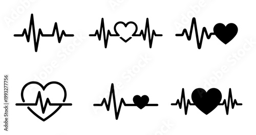 Heartbeat pulse line icons set, medical EKG electrocardiogram wave symbols, black heart rate rhythm vector illustrations for healthcare apps