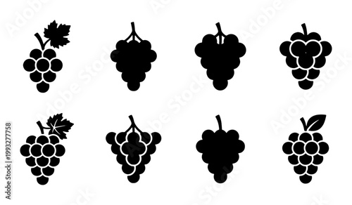 Minimalist grape bunch icons set, black silhouette fruit vector collection, organic vineyard and winery symbols, 8 flat grape cluster elements
