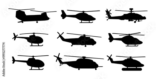 Helicopter silhouette set with 9 vector icons, military and civilian chopper aircraft collection, black aviation transport shapes for infographics