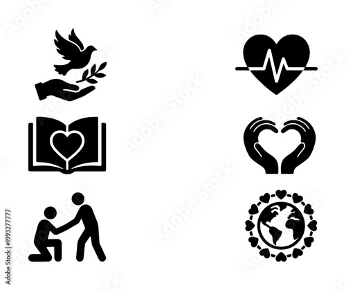 Charity and kindness icon set, 6 black solid vector symbols for humanitarian aid and peace, community support and global love graphics