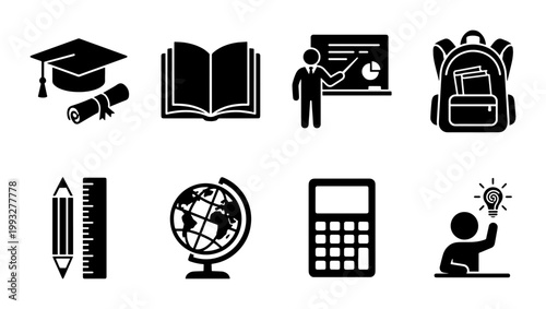 Education icon set with 8 black vector symbols, school and university learning elements, graduation and academic study icons for web design