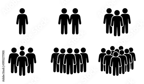 Minimalist people icons set, black silhouette human figures in groups, flat vector crowd and community symbols for infographics and UI design