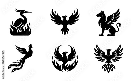 Mythical phoenix and griffin silhouette icons, set of 6 legendary fire bird and griffin vector illustrations, black heraldic creature symbols
