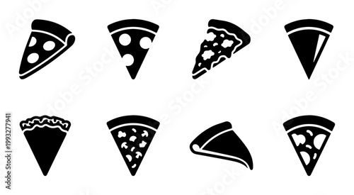 Pizza slice icon set, black solid vector symbols of pepperoni and cheese pizza portions, 8 minimalist food silhouettes for restaurant menus