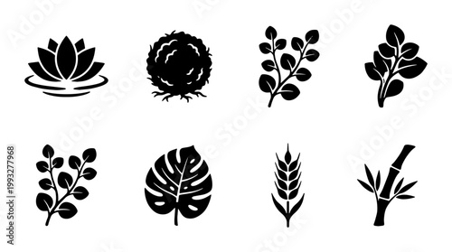 Minimalist botanical icon set, black silhouette plant and leaf illustrations, 8 nature vector elements including lotus monstera and bamboo