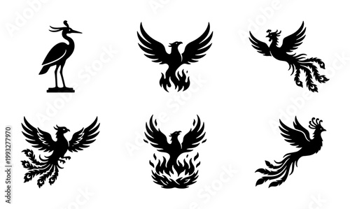 Mythical phoenix bird silhouettes, set of 6 black firebird icons, legendary creature vector illustrations for logo design and branding
