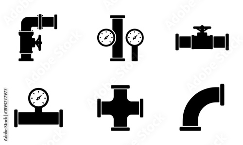 Industrial plumbing pipe icons set, black silhouette pipeline valves and pressure gauges, 6 vector elements for engineering and oil gas industry