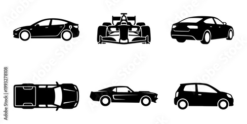 Black car silhouette icons set, modern vehicle vector illustrations, automotive transport symbols including sedan sports car and racing bolide