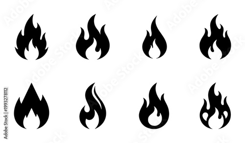 Black fire flame icons set, 8 minimalist blaze vector silhouettes, flat burning bonfire symbols for logo design and safety signage
