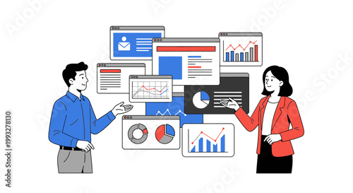 Business people discussing data analysis charts.