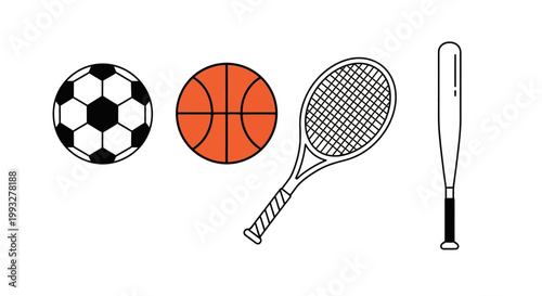Sports equipment icons on white background.