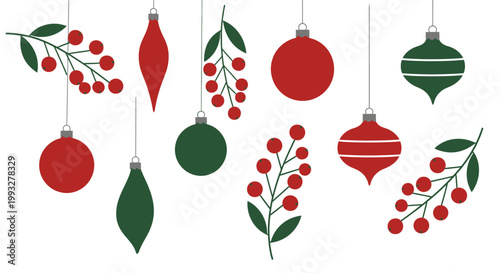 Christmas Ornaments and Berries Hanging.