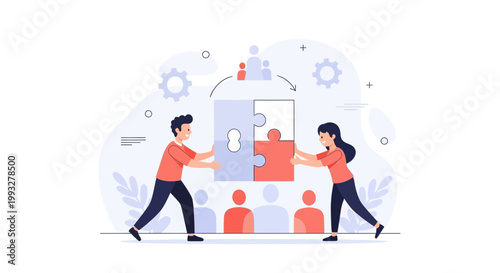 Teamwork puzzle collaboration concept, people connecting pieces for success