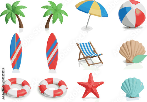 Beach Vacation Essentials Collection Featuring Palm Trees, Surfboards, Beach Balls, Life Buoys, and Seashells in Bright Colors