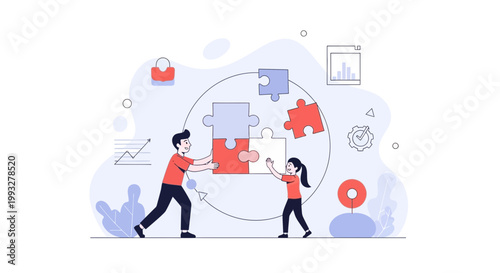 Teamwork puzzle collaboration concept, people connecting pieces, business strategy, problem solving