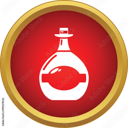 Bottle of brandy with label inside a red circle with gold border