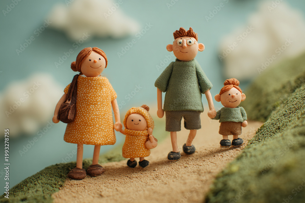Fototapeta premium Clay animation style, a family standing down the hill