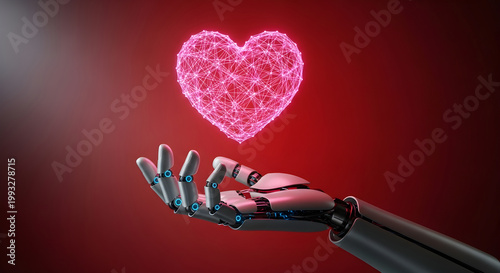 Robotic hand holding a glowing digital wireframe heart symbol