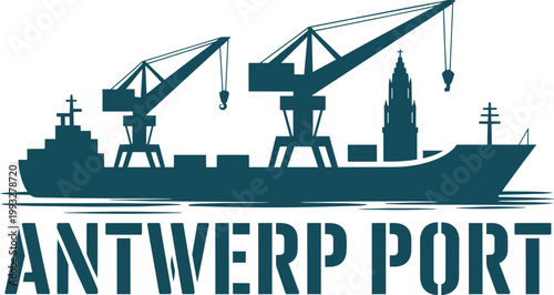 Antwerp Port emblem with ship, cranes, and church tower with port authority, maritime transport