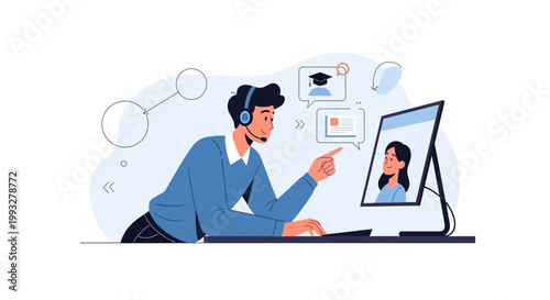 Online learning and remote work concept: man with headset teaching student via video call