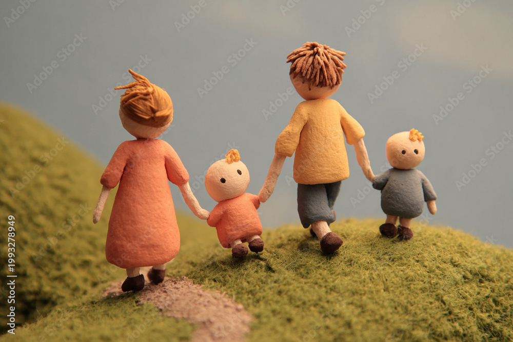 Fototapeta premium Clay animation style, a family walking down the hill