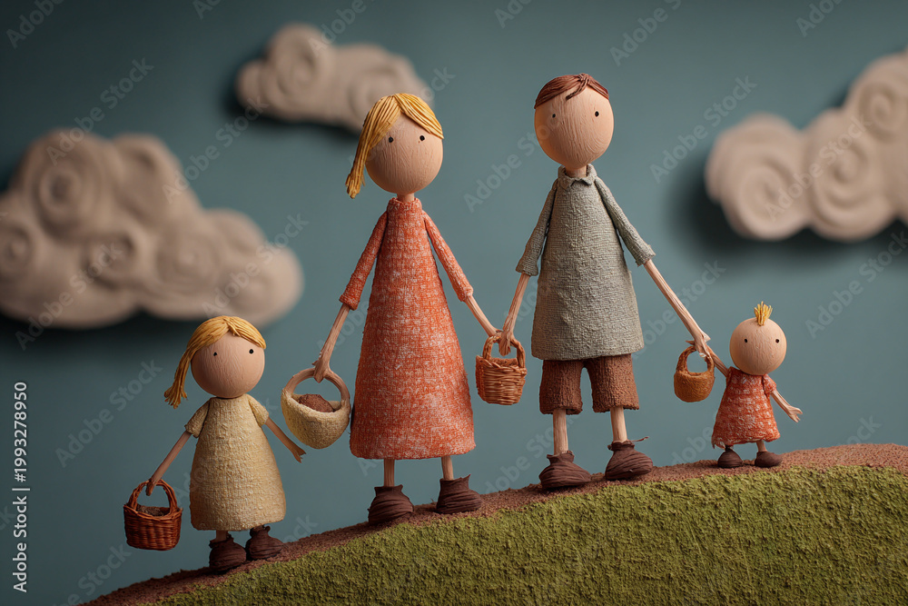 Fototapeta premium Clay animation style, a family standing down the hill