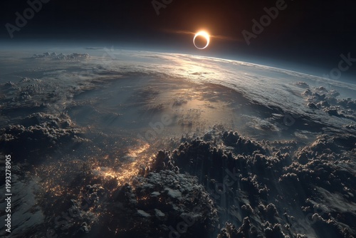 Solar eclipse over Earth with clouds and city lights