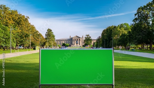 university ad mockup focus on a university campus banner with a green screen with a college campus background empty space center for text
