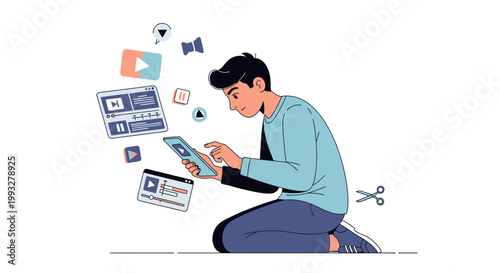 Young man editing video on tablet surrounded by digital media icons