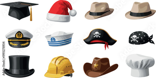 Various Hat Collection Vector Set with Graduation Santa Fedora Captain Sailor Pirate Top Cowboy Chef and Hard Hat Icons