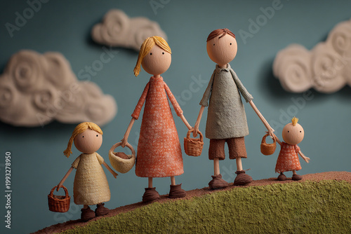 Clay animation style, a family standing down the hill