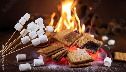 colorful s mores day celebration with campfire and marshmallows graham crackers