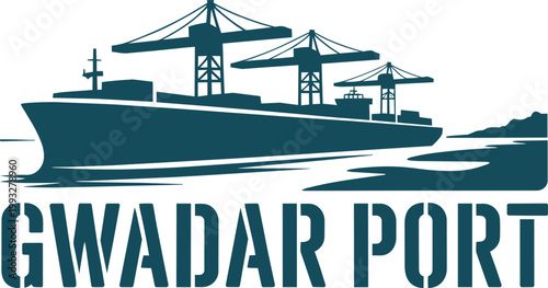Bold minimalist emblem: cargo ship, cranes, and land at port in outline style icon set in outline style