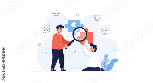 Teamwork puzzle solving with magnifying glass, business strategy concept