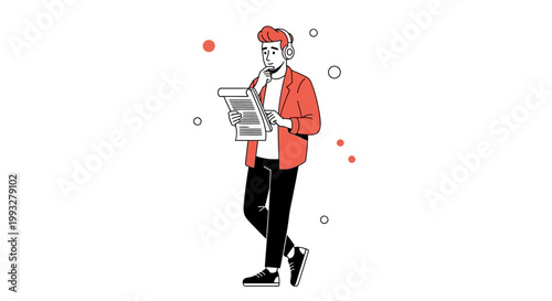 Thoughtful man in headphones reading document, surrounded by abstract circles